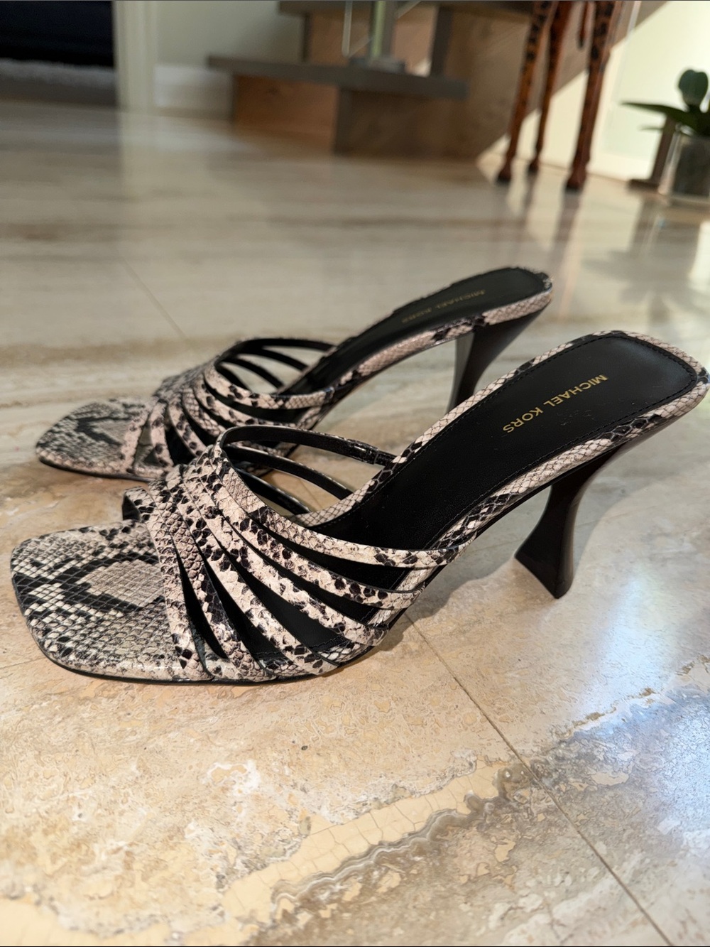 Michael Kors Black & White Snake-Print Strappy Mules